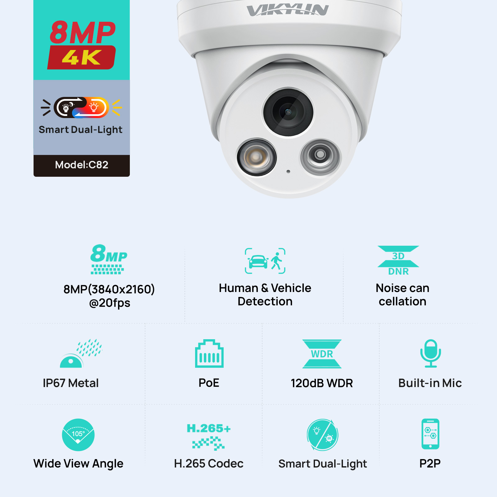 Outdoor Lighting Mains Powered - Caméra IP extérieure VIKYLIN 8MP 4K